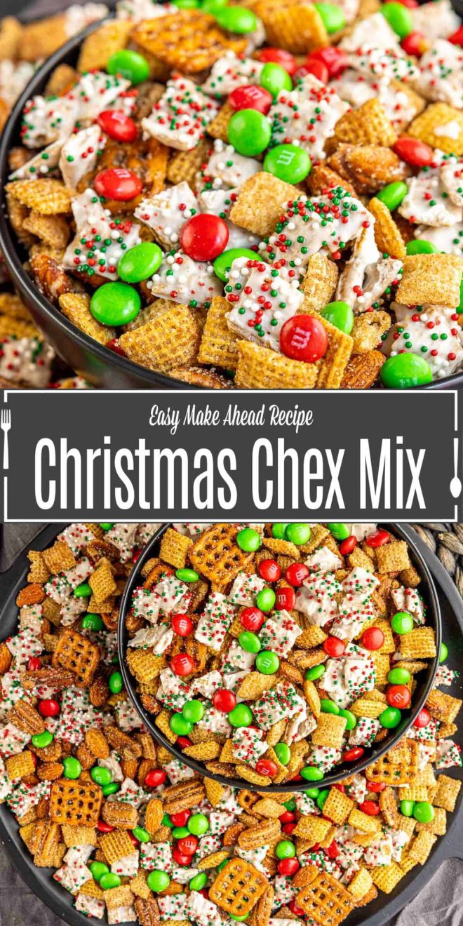 Pinterest image for Christmas Chex Mix with title text