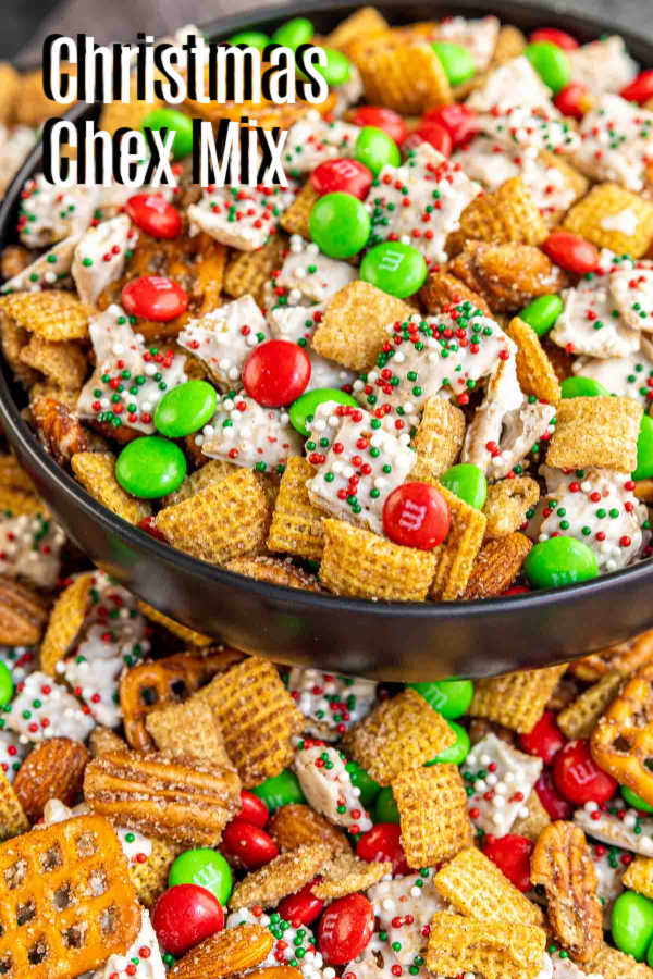 Pinterest image for Christmas Chex Mix with title text