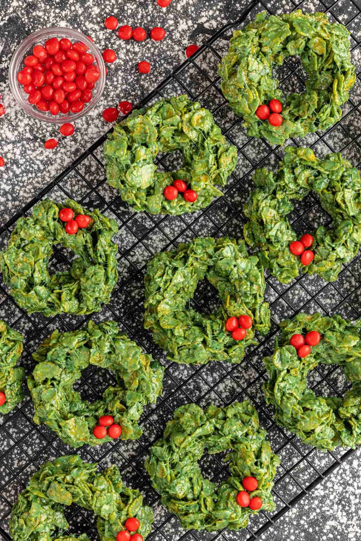 Christmas Wreath Cookies made with cornflakes and red hots