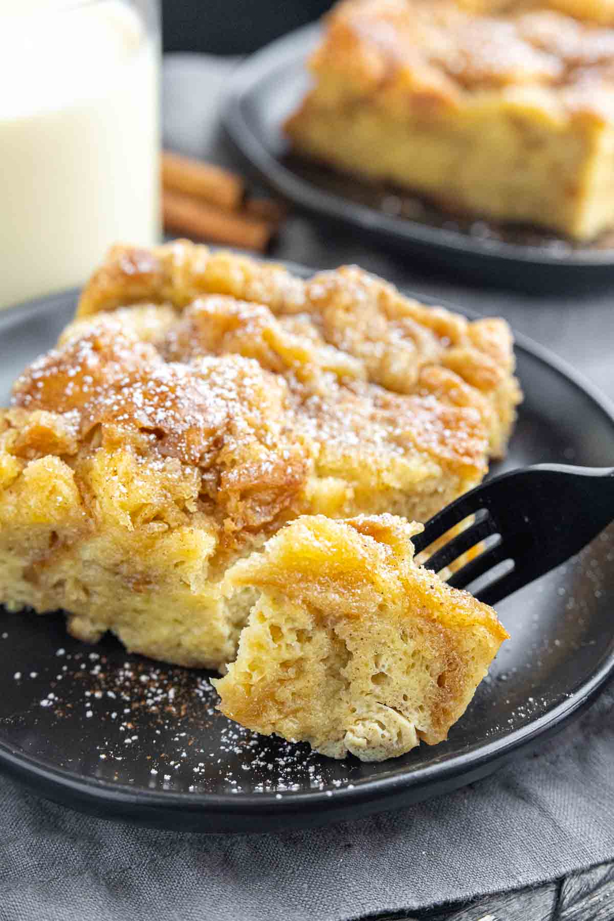 piece of Eggnog French Toast Bake on a fork