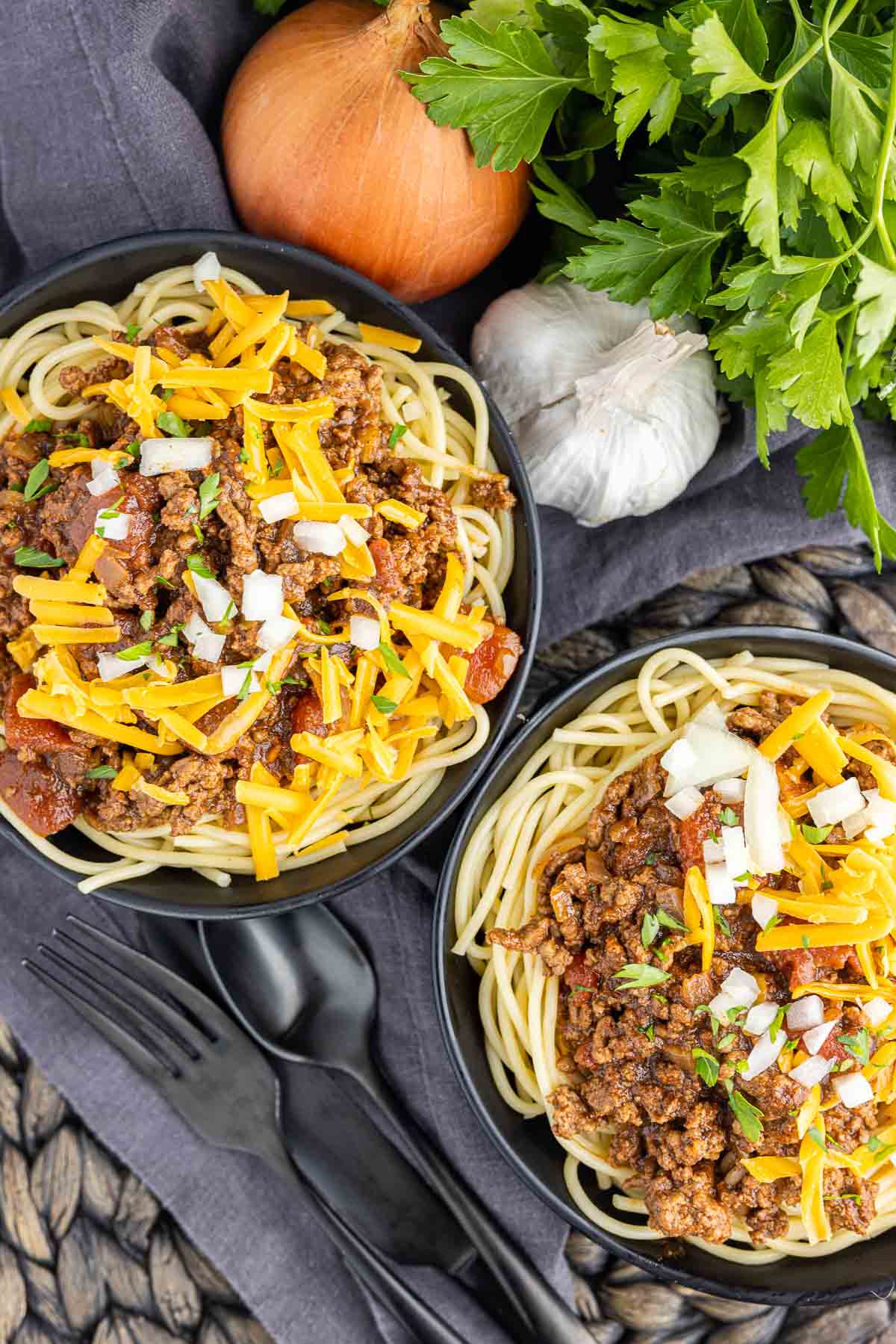 two bowls of Cincinnati Chili with spaghetti