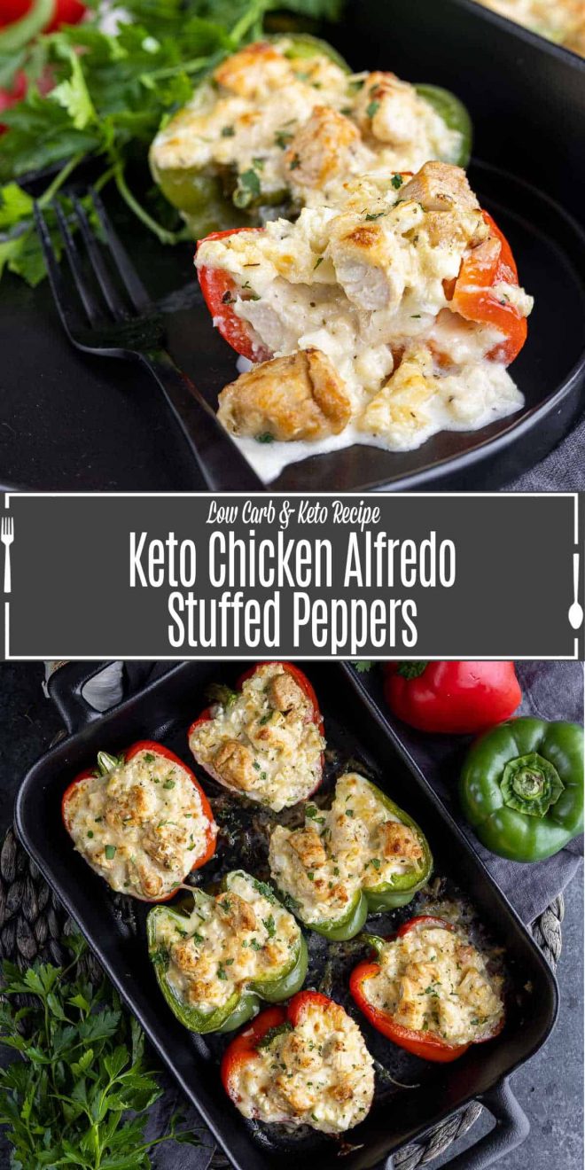 Pinterest image for Keto Chicken Alfredo Stuffed Peppers with title text