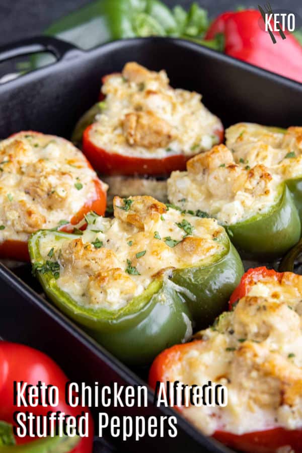 Pinterest image for Keto Chicken Alfredo Stuffed Peppers with title text
