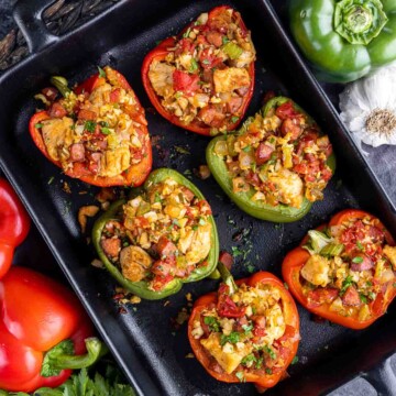 Keto Jambalaya Stuffed Peppers in a baking dish