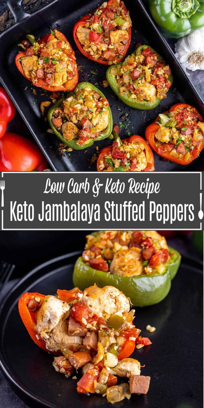 Pinterest image for Keto Jambalaya Stuffed Peppers with title text