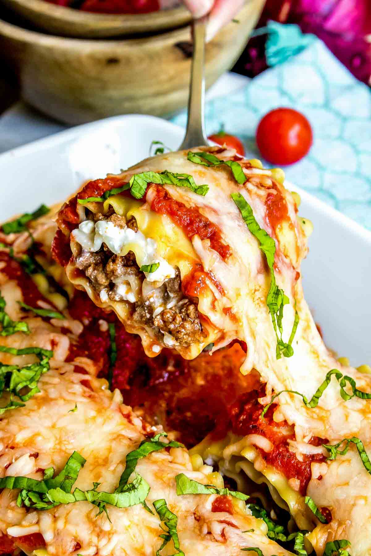 Lasagna Roll Ups in casserole dish