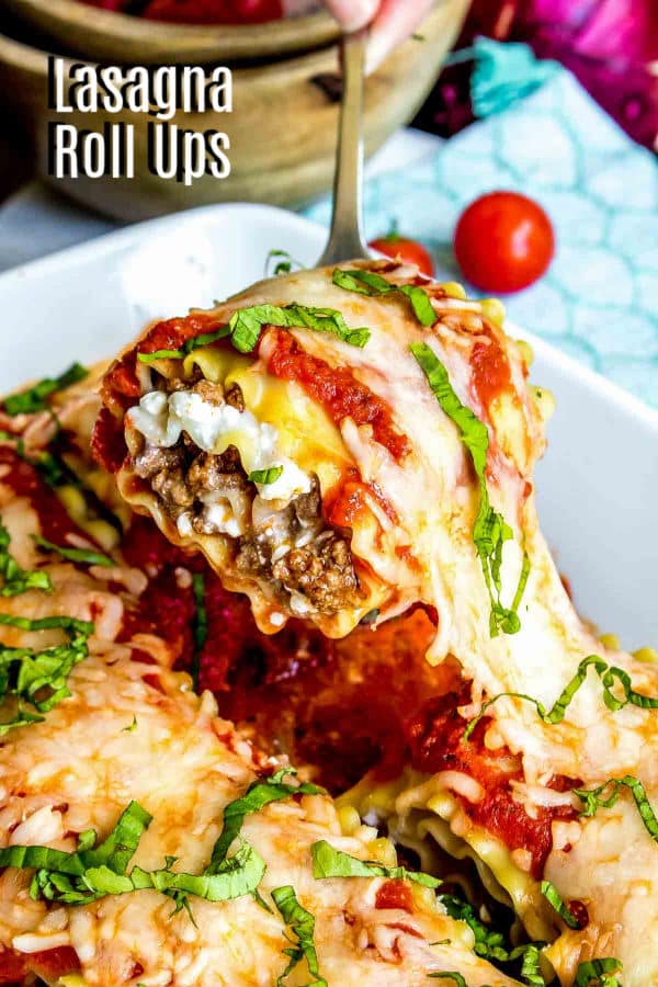 Pinterest image for Easy Lasagna Roll Ups with title text