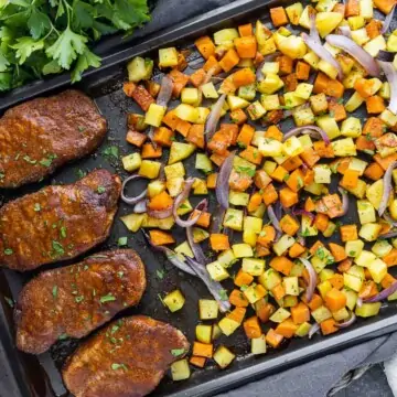 Sheet Pan Spicy BBQ Pork Chops and Potatoes on a sheet pan
