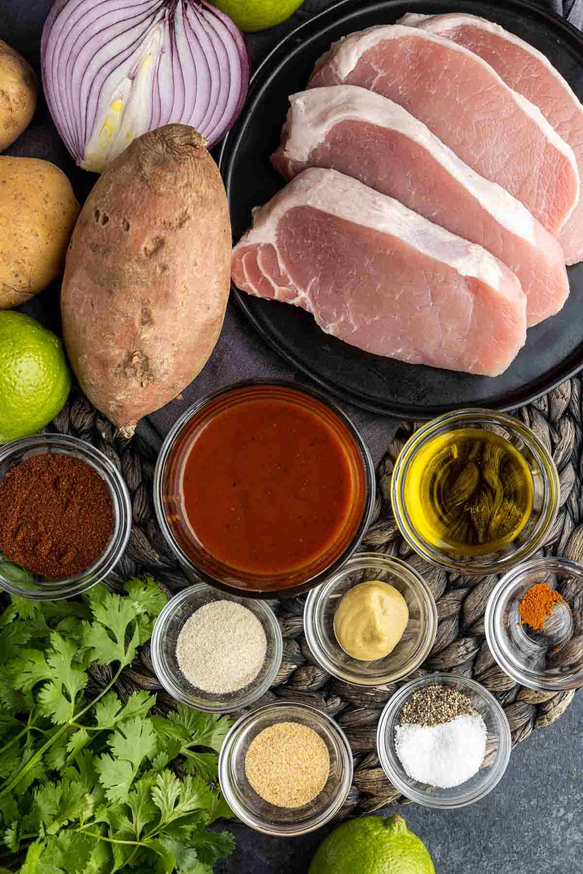 ingredients for Sheet Pan Spicy BBQ Pork Chops and Potatoes