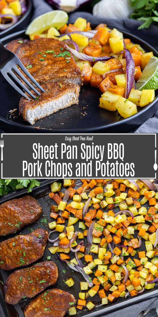 Pinterest image for Sheet Pan Spicy BBQ Pork Chops and Potatoes with title text