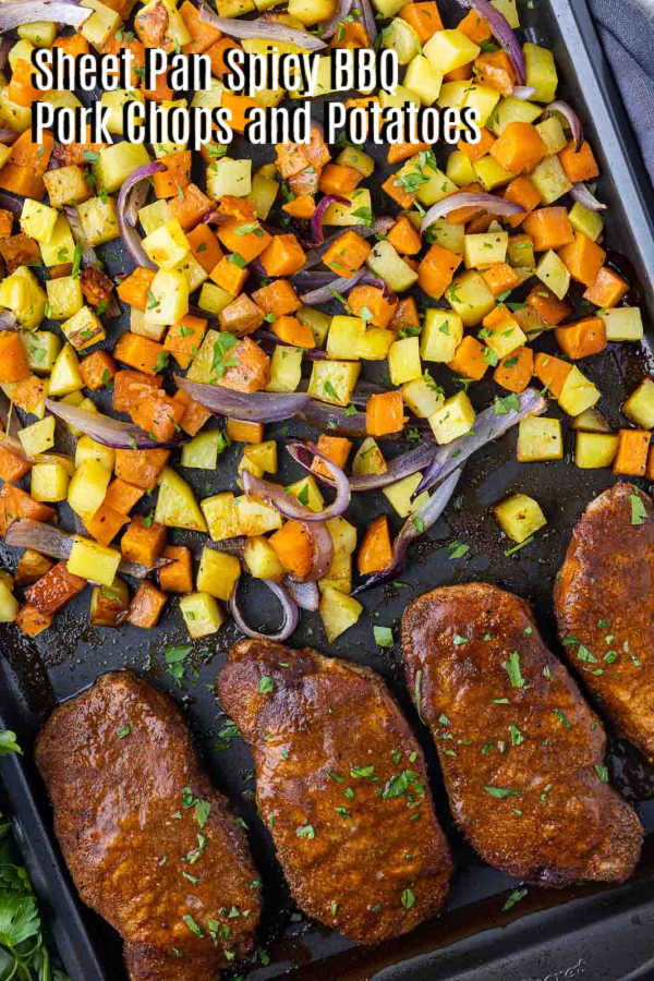 Pinterest image for Sheet Pan Spicy BBQ Pork Chops and Potatoes with title text