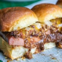 chili dripping out of Chili Dog Sliders