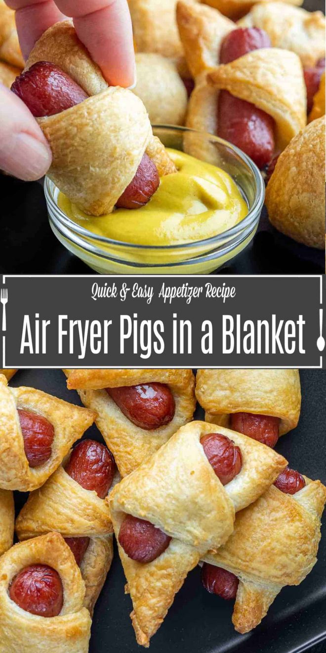 Pinterest image for Air Fryer Pigs in a Blanket with title text