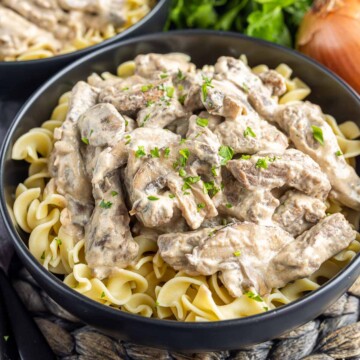 black bowl with Beef Stroganoff over egg noodles