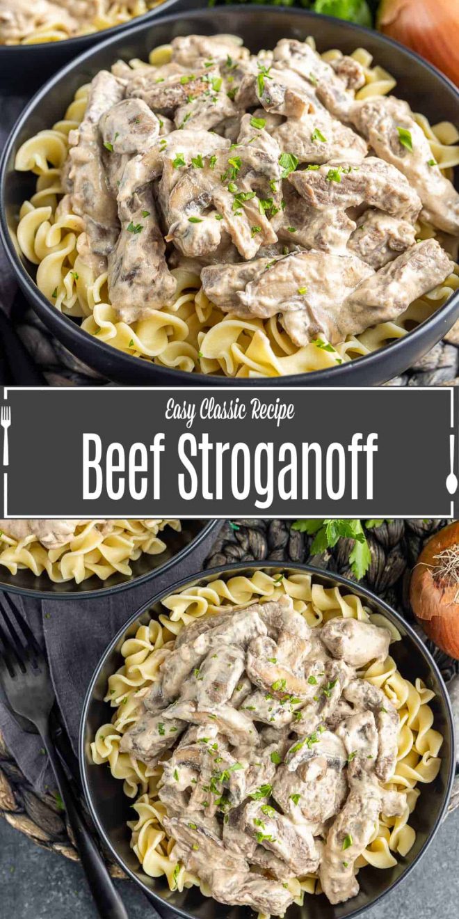 Pinterest image for Traditional Beef Stroganoff with title text