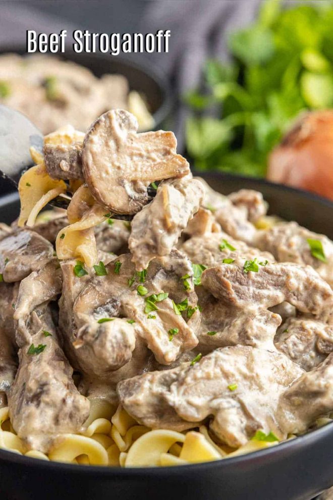 Pinterest image for Traditional Beef Stroganoff with title text