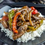 plate with Easy Pepper Steak over white rice