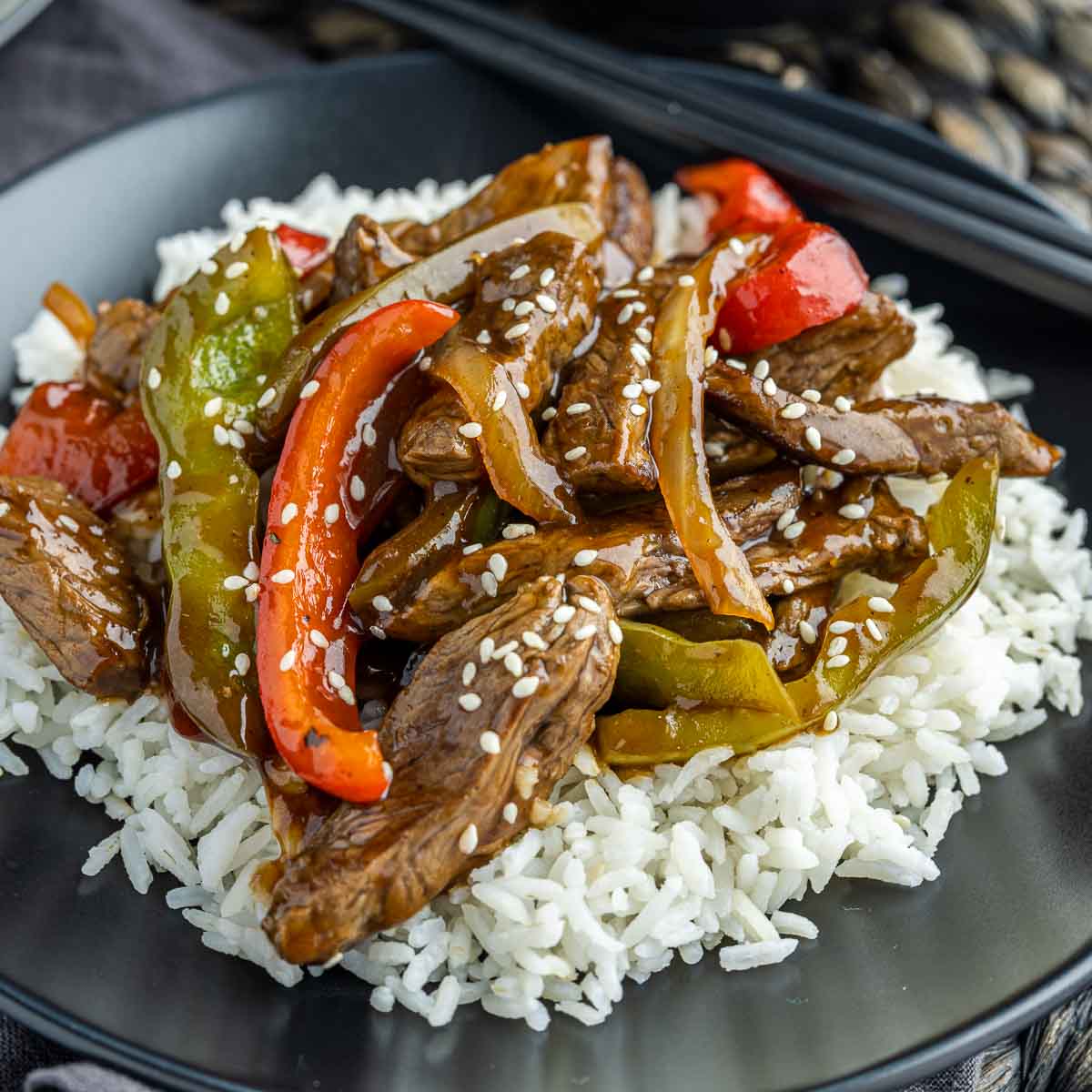 plate with Easy Pepper Steak over white rice