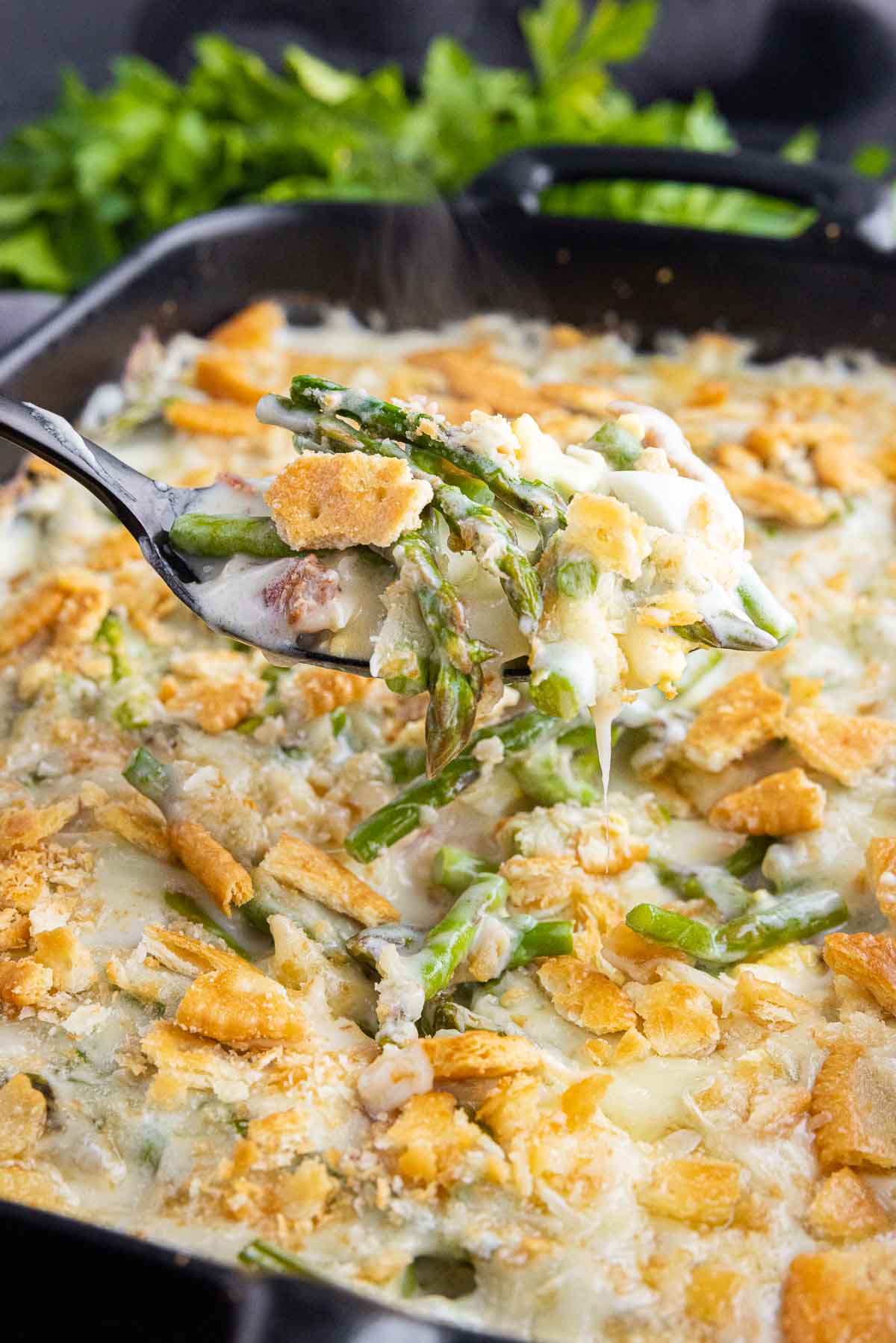 serving Asparagus Casserole topped with Ritz