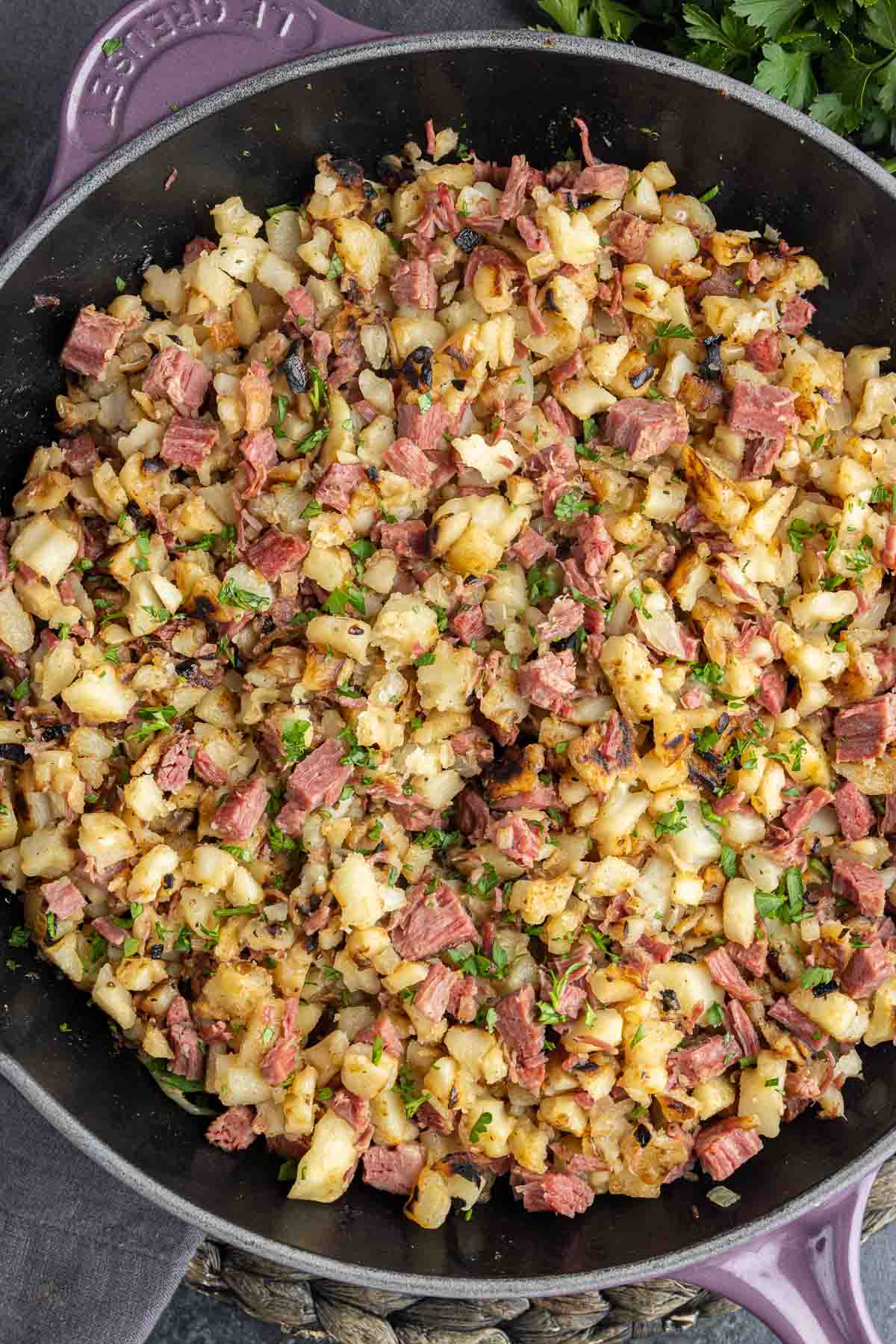 purple skillet with Corned Beef Hash