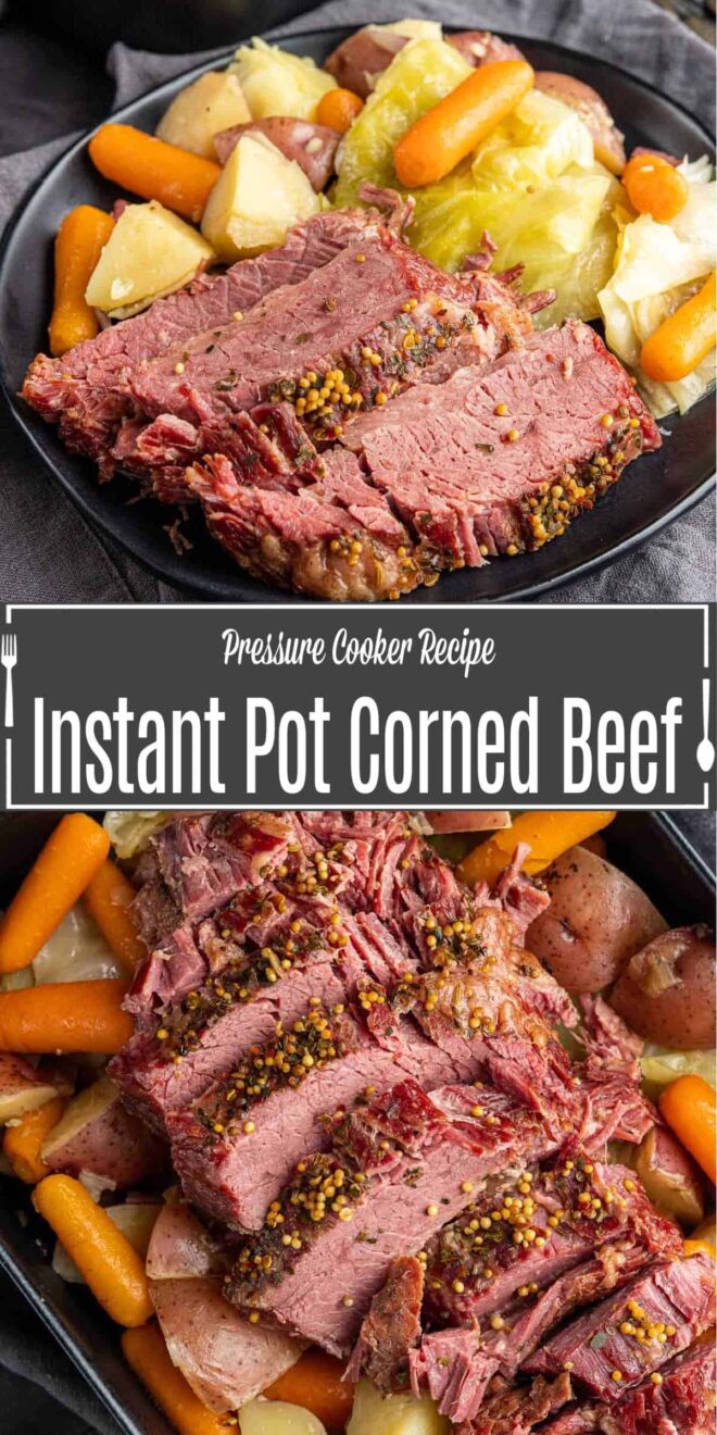 Pinterest image for Instant Pot Corned Beef and Cabbage with title text