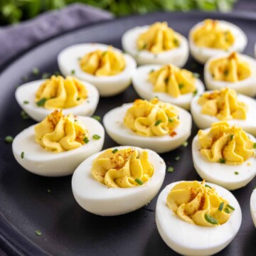 Southern Deviled Eggs on a black platter