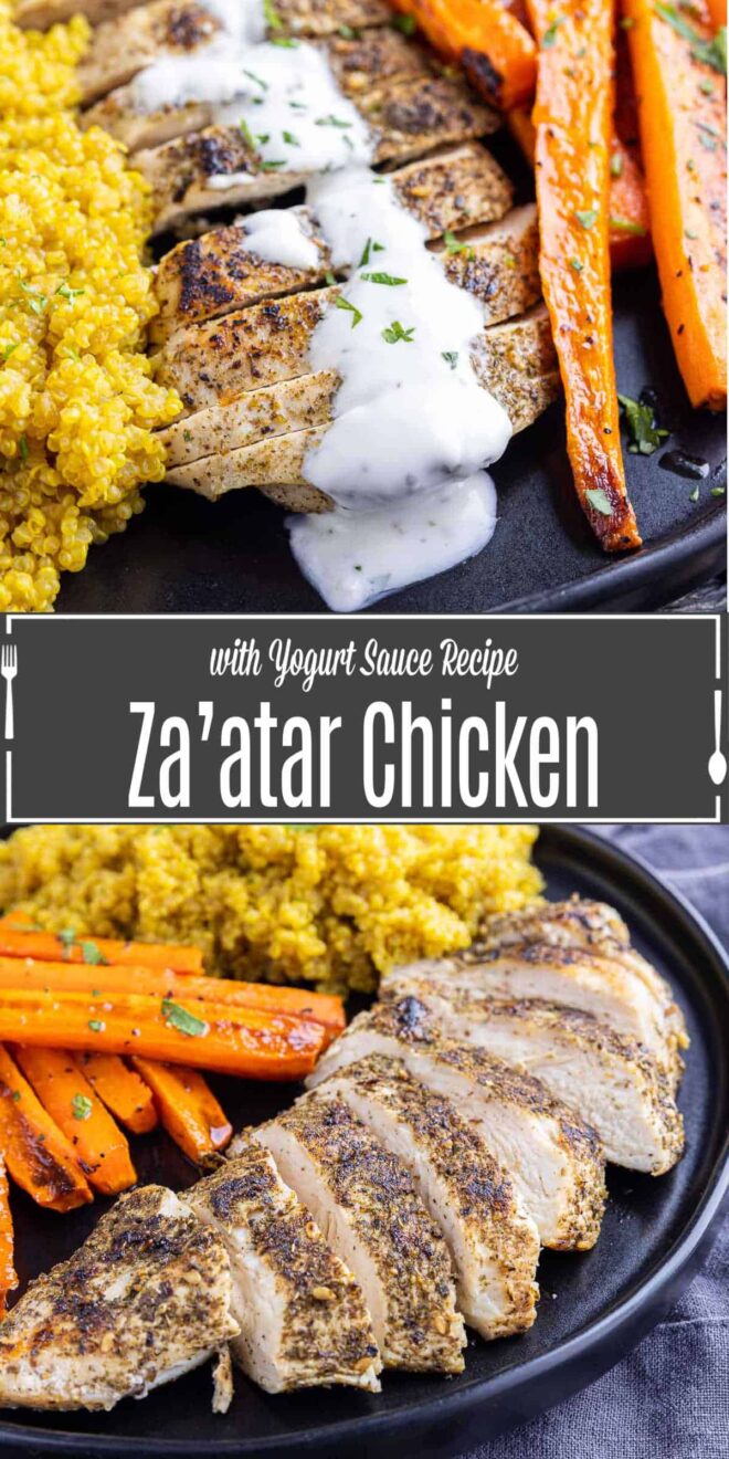 Pinterest image for Za’atar Chicken with Yogurt Sauce with title text