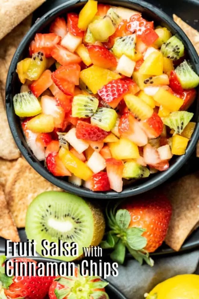 Pinterest image of Fruit Salsa with Cinnamon Chips with title text