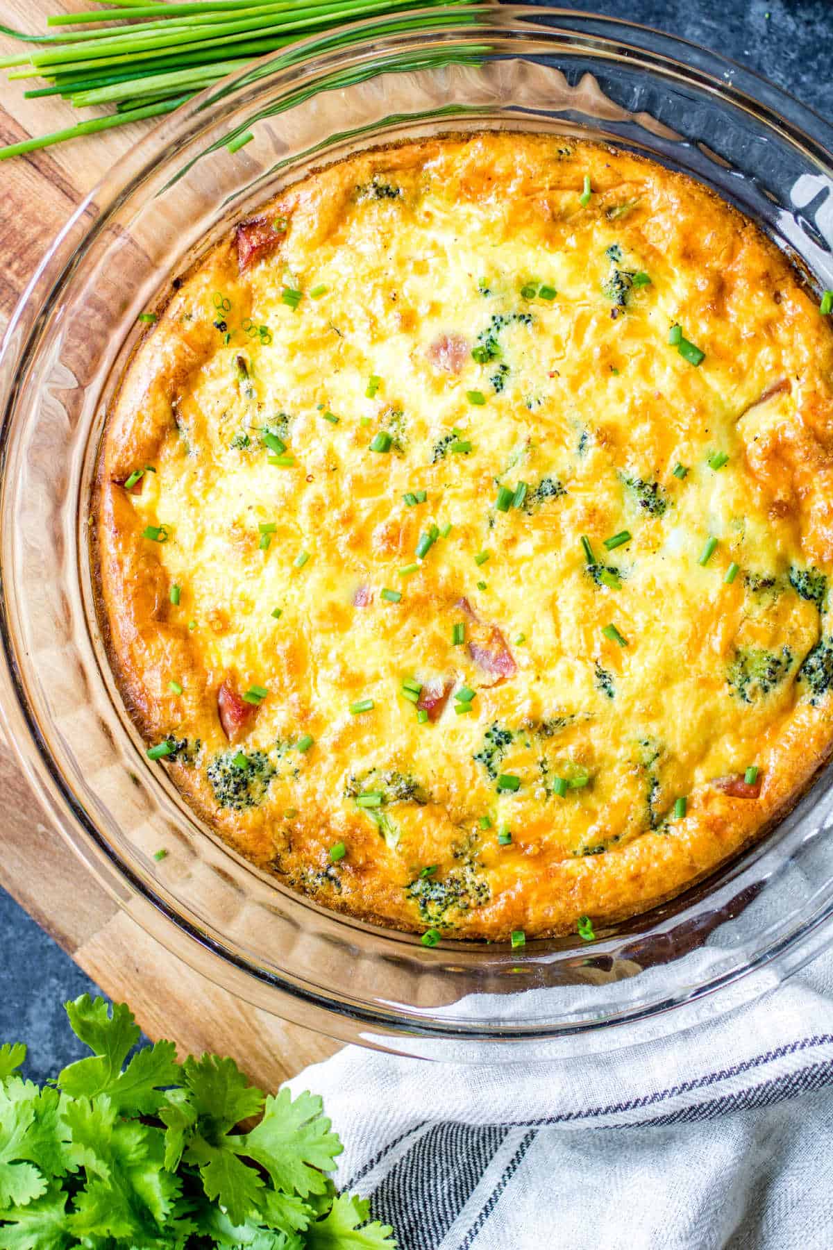 Ham and Cheese Crustless Quiche in a clear dish