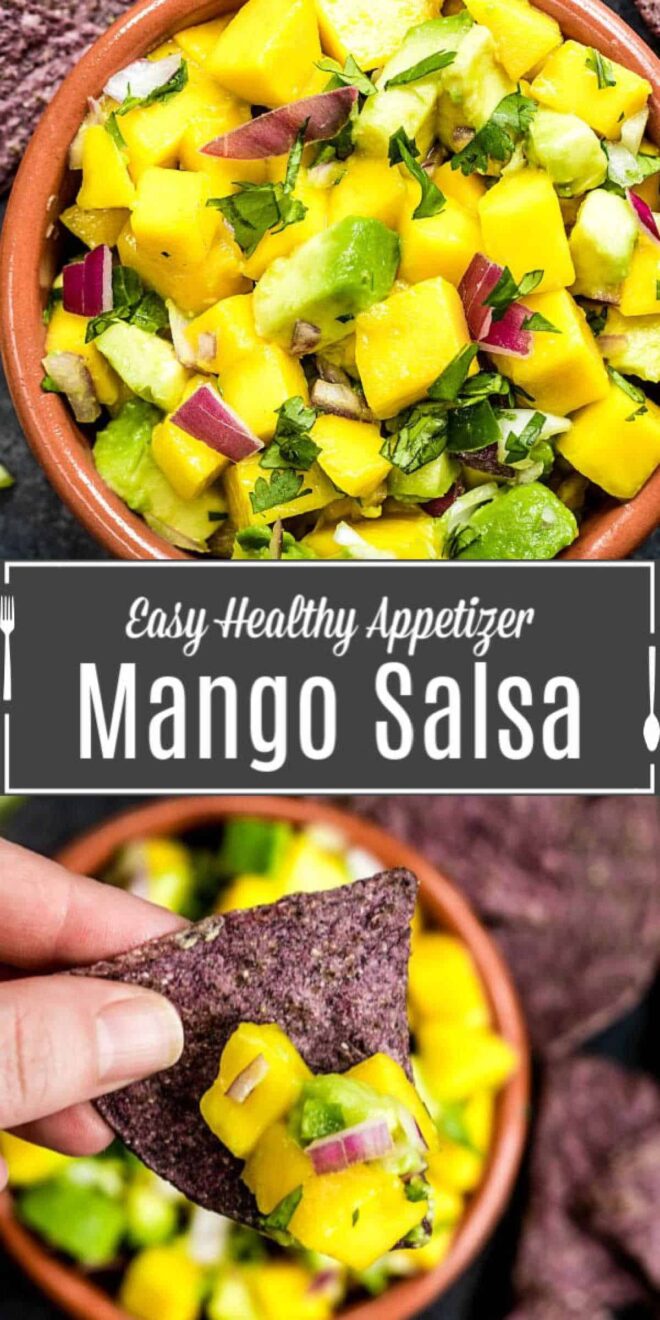 Pinterest image for Mango Avocado Salsa with title text