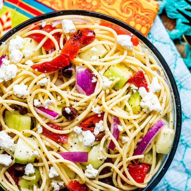 glass bowl of Greek Spaghetti Salad