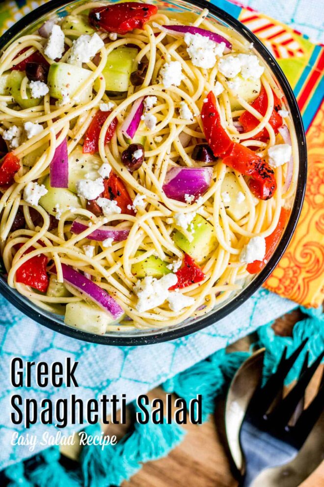 Pinterest image for Greek Spaghetti Salad with title text