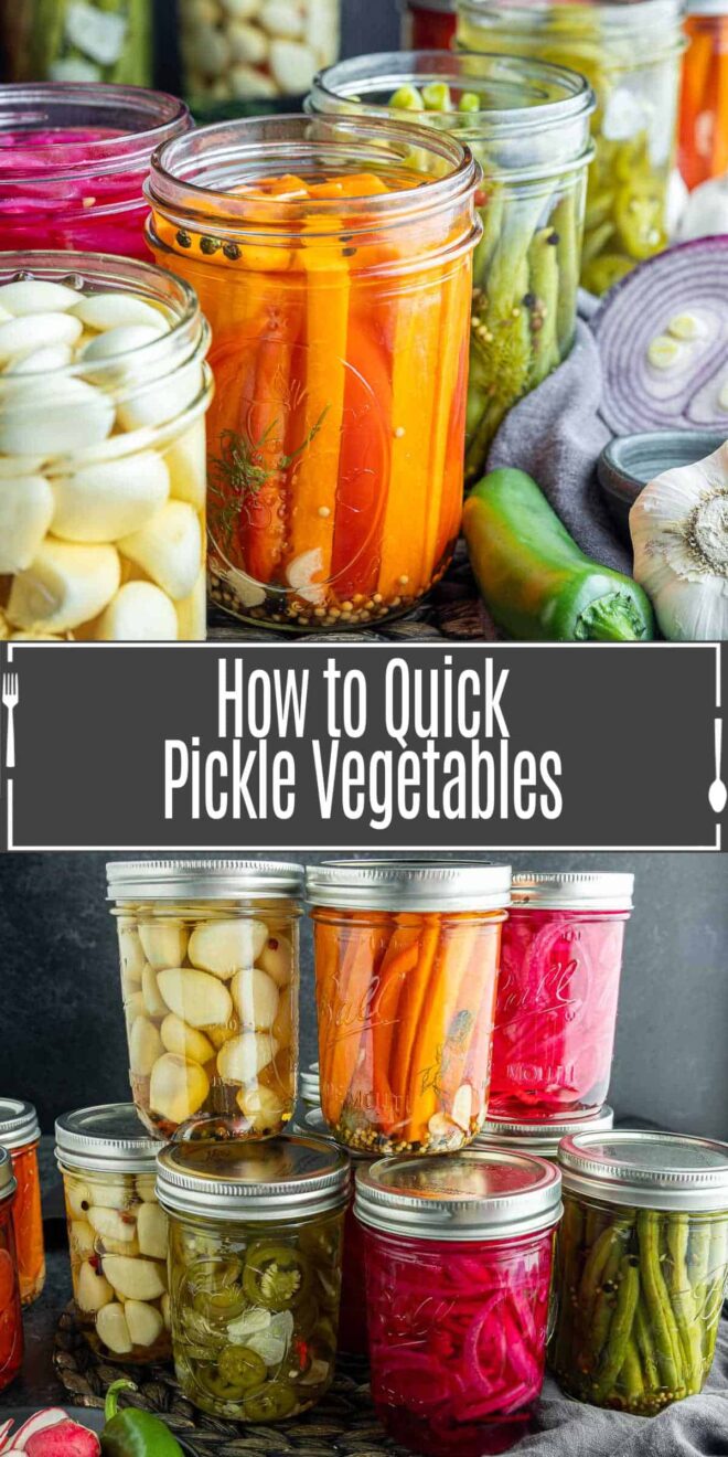 Pinterest image for How to Make Quick Pickled Vegetables with title text