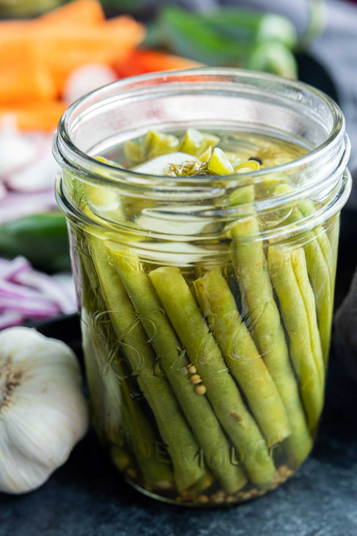 jar of Pickled Green Beans and garlic