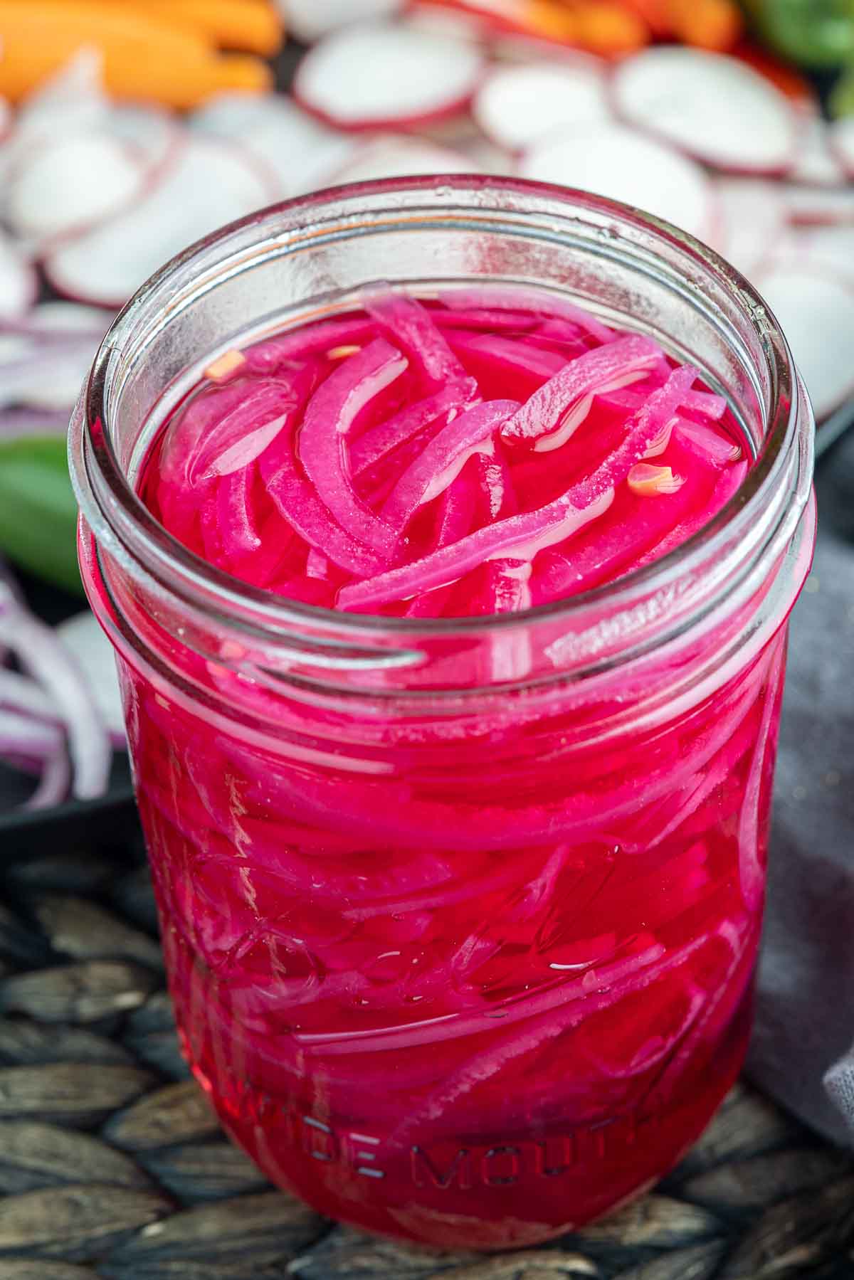 mason jar with Pickled Red Onions