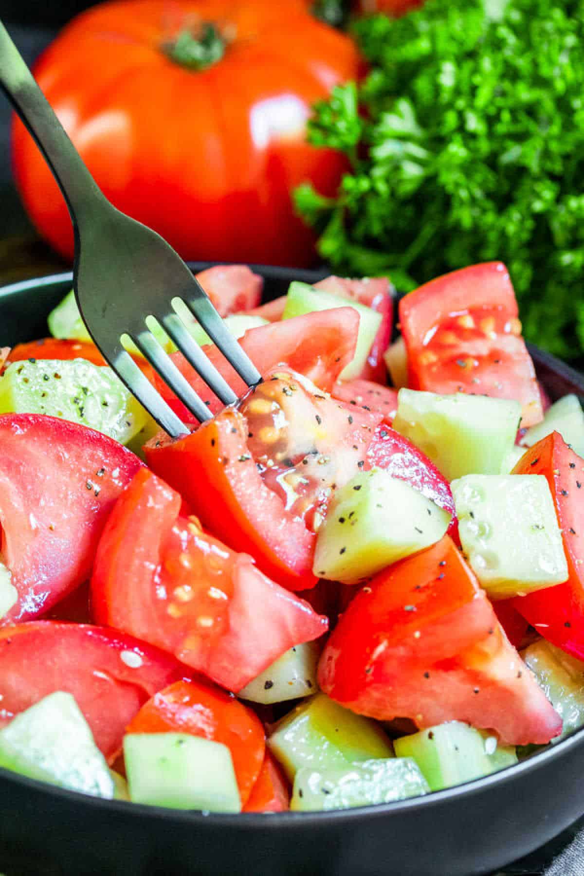 Tomato Cucumber Salad in a bowl with a tomato on a black fork