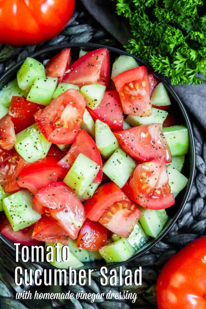 Pinterest image for Cucumber and Tomatoes Salad with title text