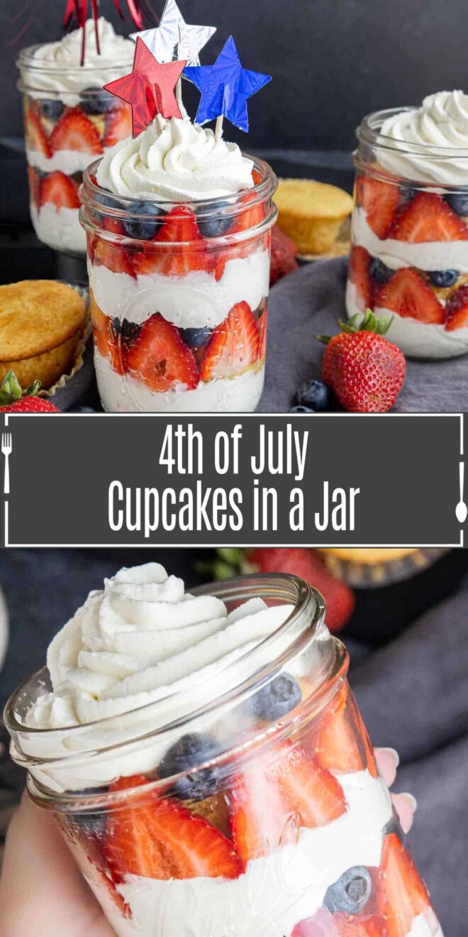 Pinterest image of 4th of July Cupcakes in a Jar with title text