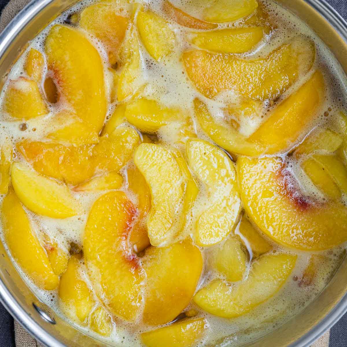 pot of peaches for Peach Iced Tea