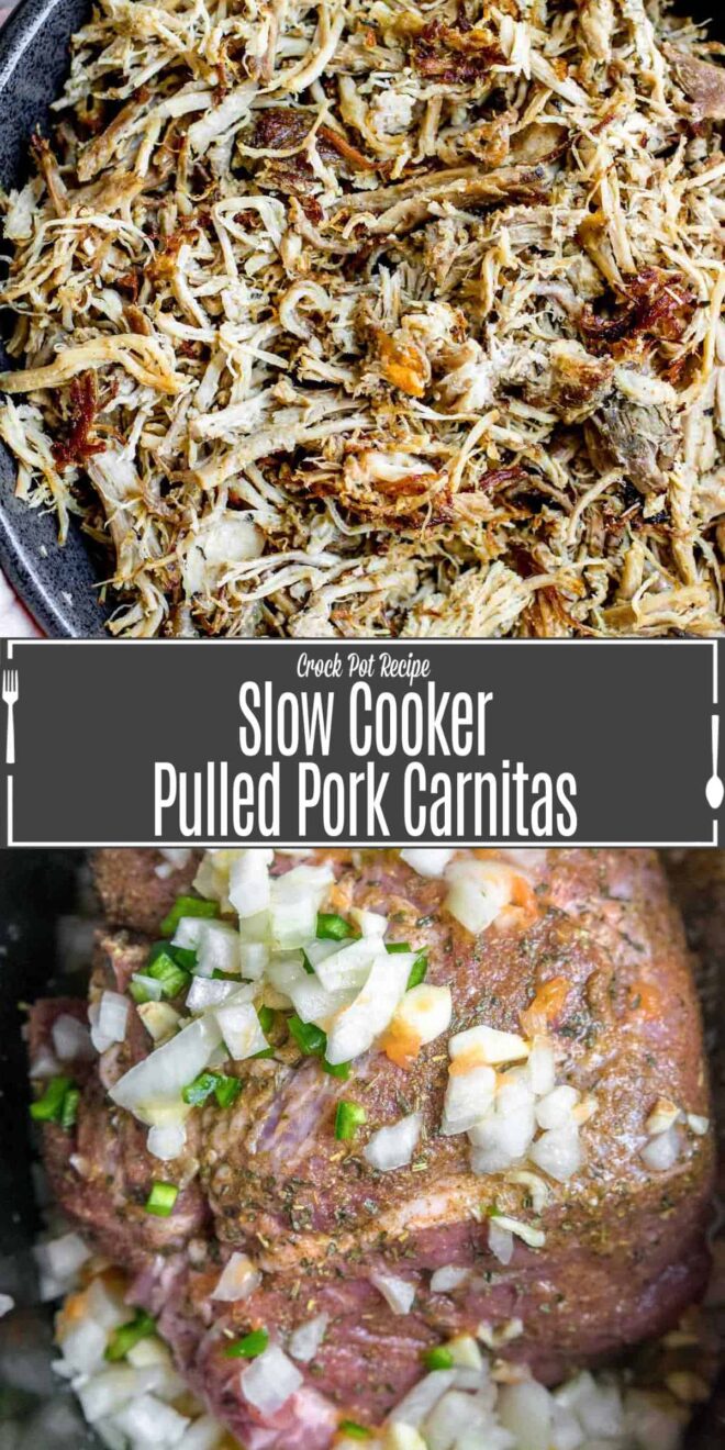 Pinterest image of Slow Cooker Pulled Pork Carnitas with title text