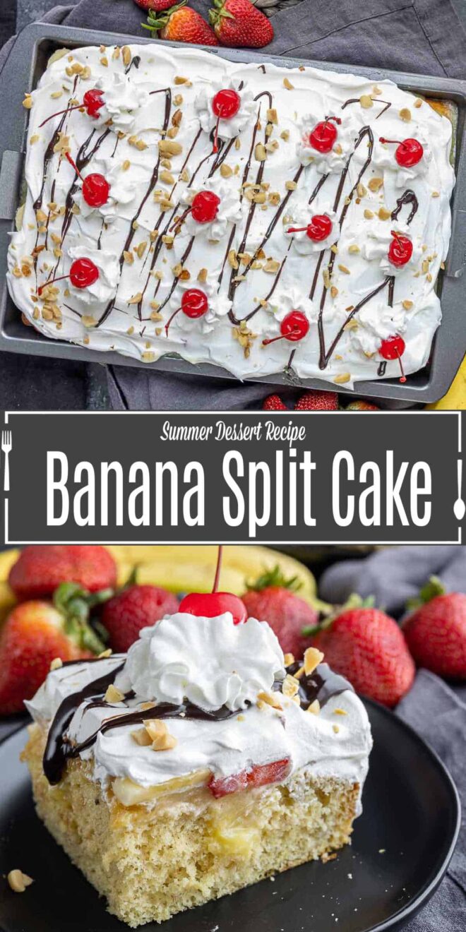 Pinterest image for Banana Split Cake with title text