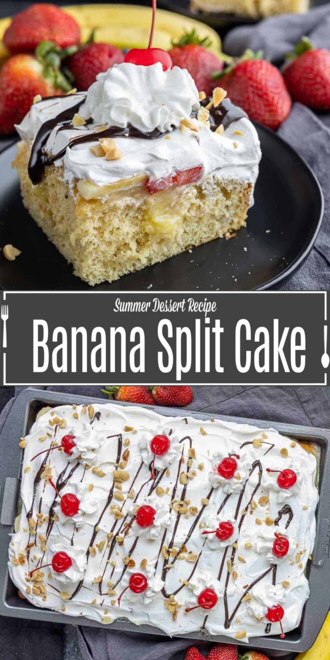 Pinterest image for Banana Split Cake with title text