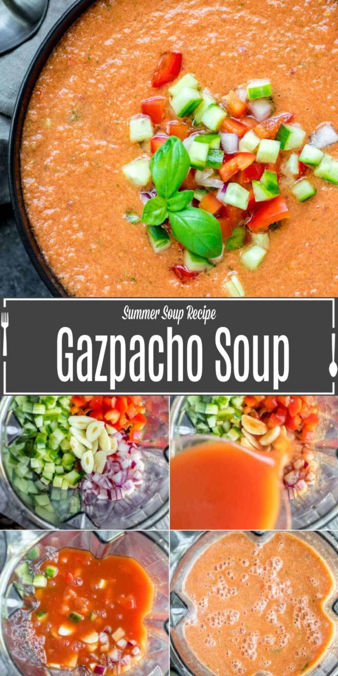 Pinterest image for Gazpacho Soup with title text