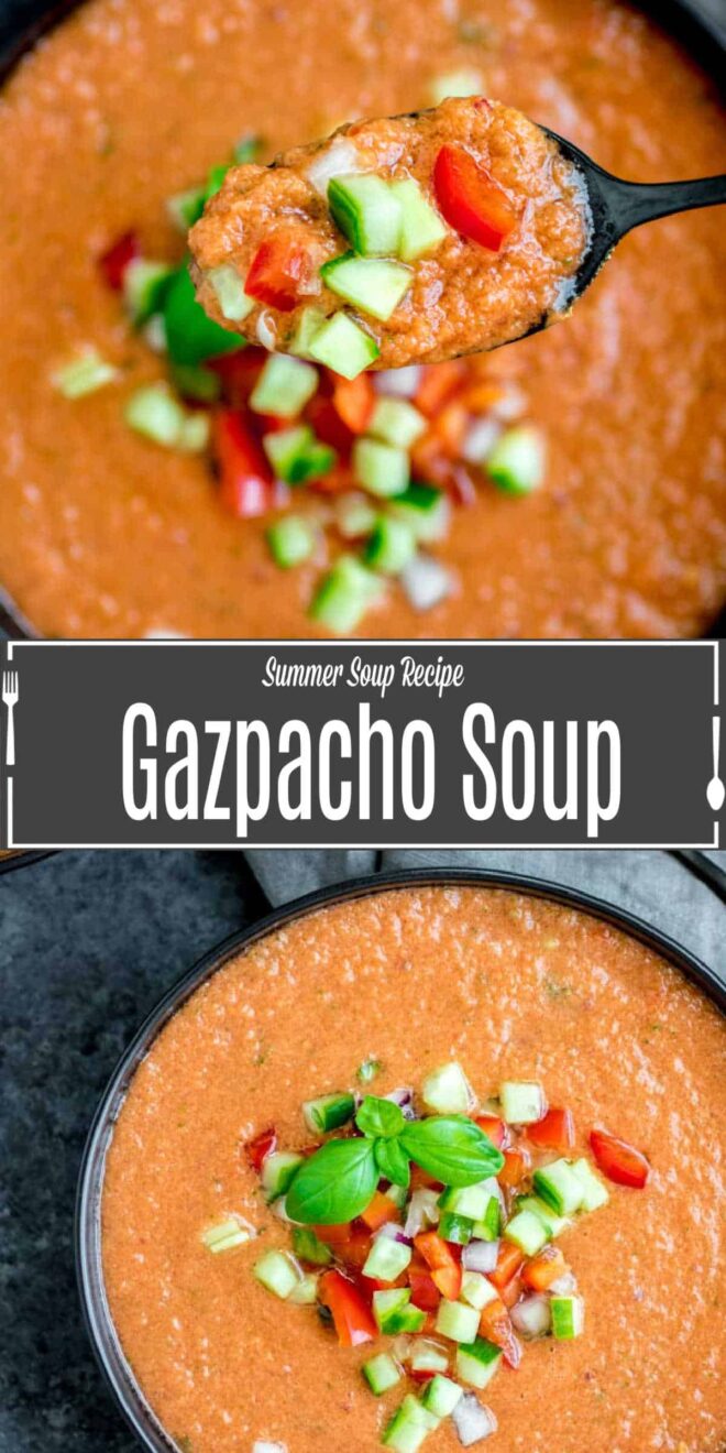 Pinterest image for Gazpacho Soup with title text