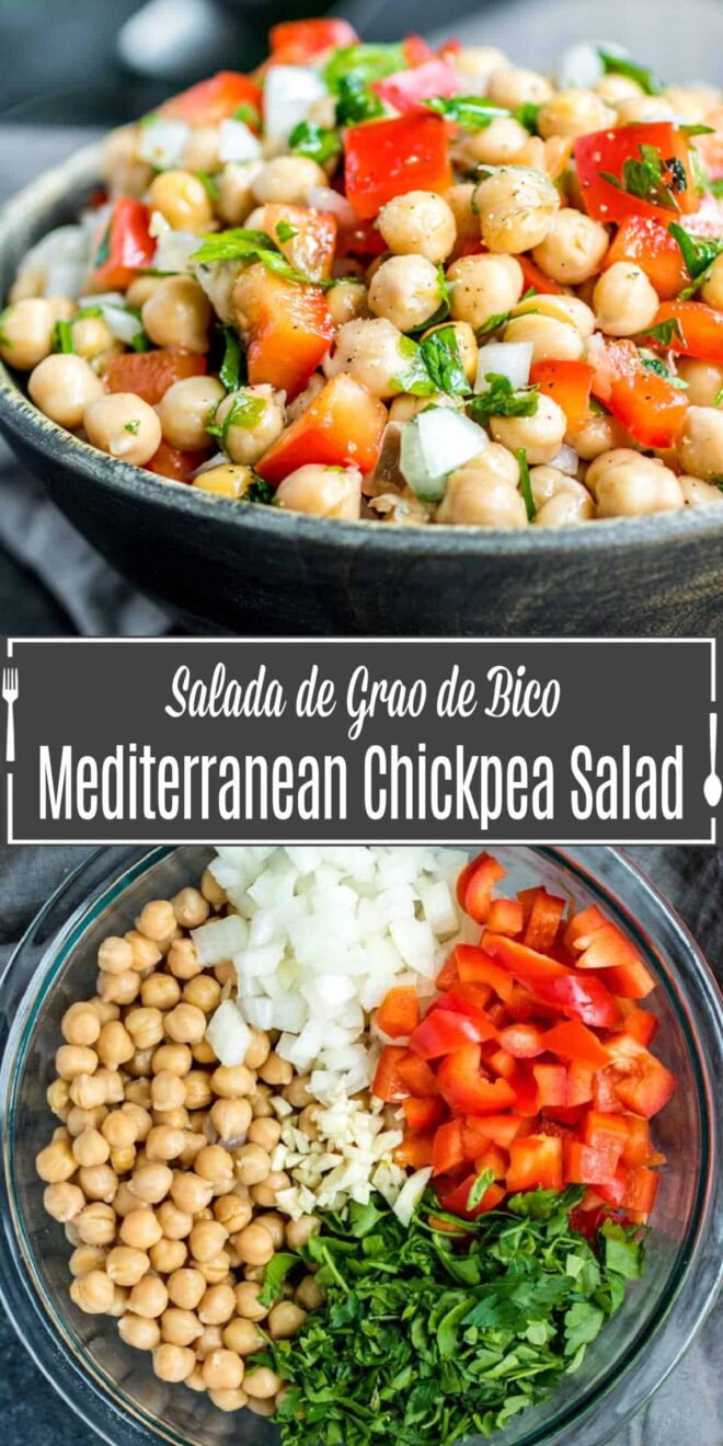 Pinterest image for Mediterranean chickpea salad with title text