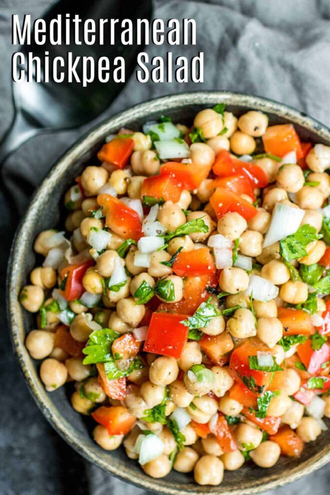 Pinterest image for Mediterranean chickpea salad with title text