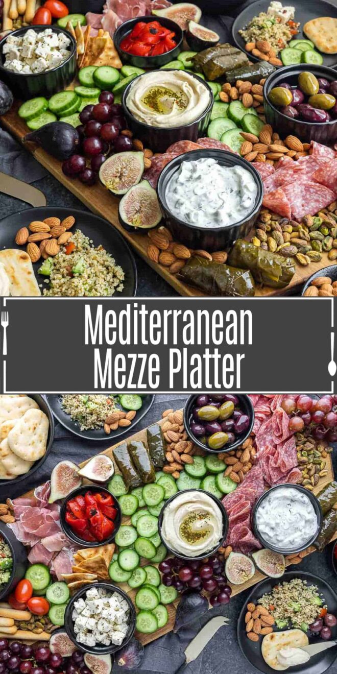 Pinterest image for Mediterranean Mezze Platter with title text