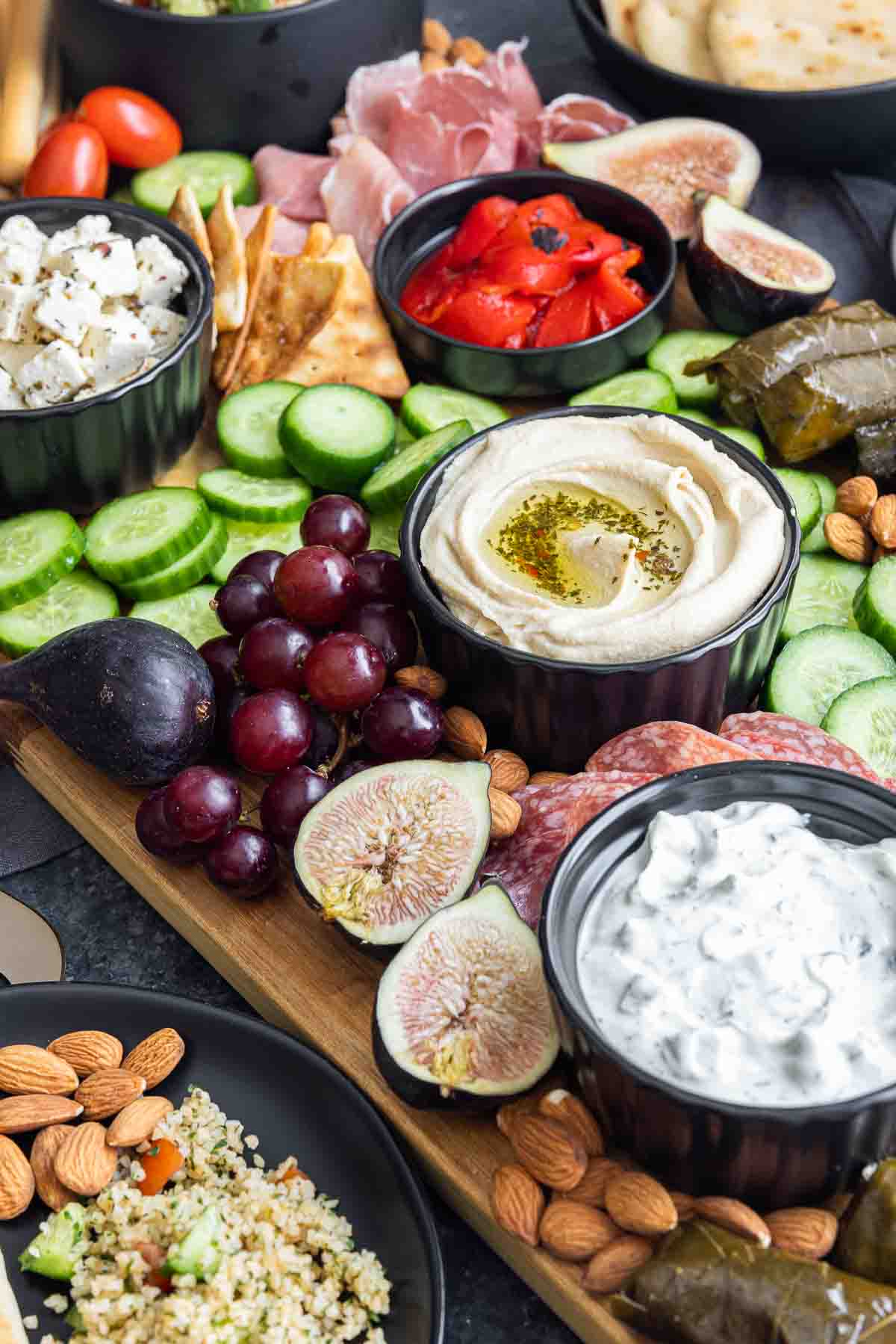 hummus and dip in a Mediterranean Mezze Platter