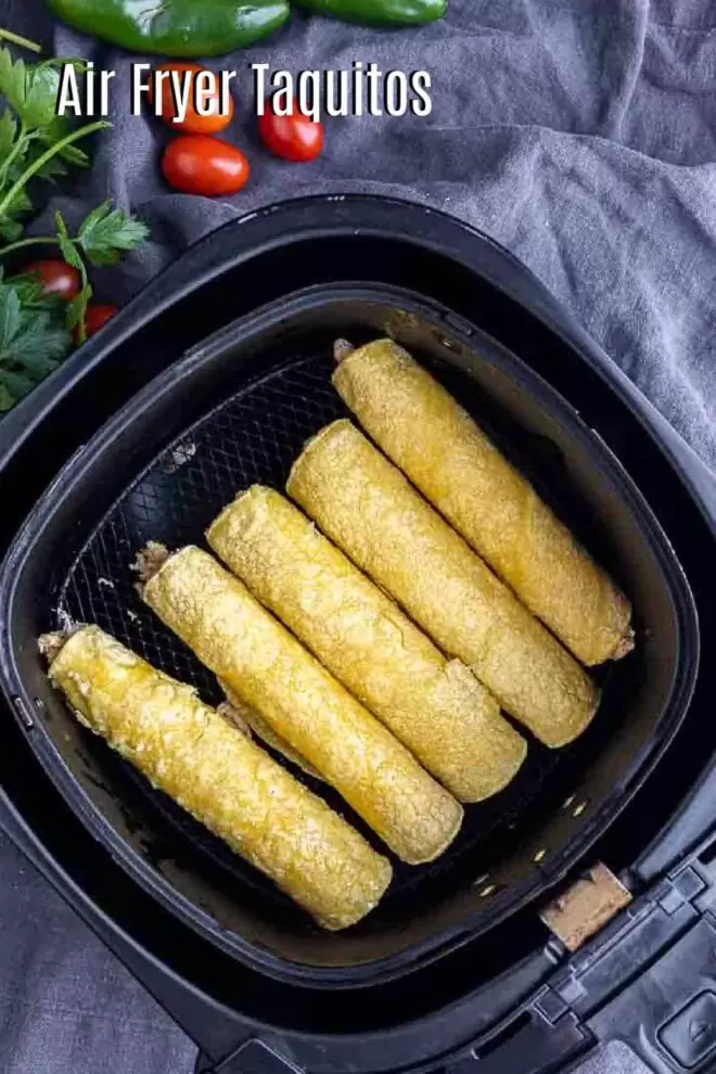 pinterest image of Air Fryer Taquitos in air fryer