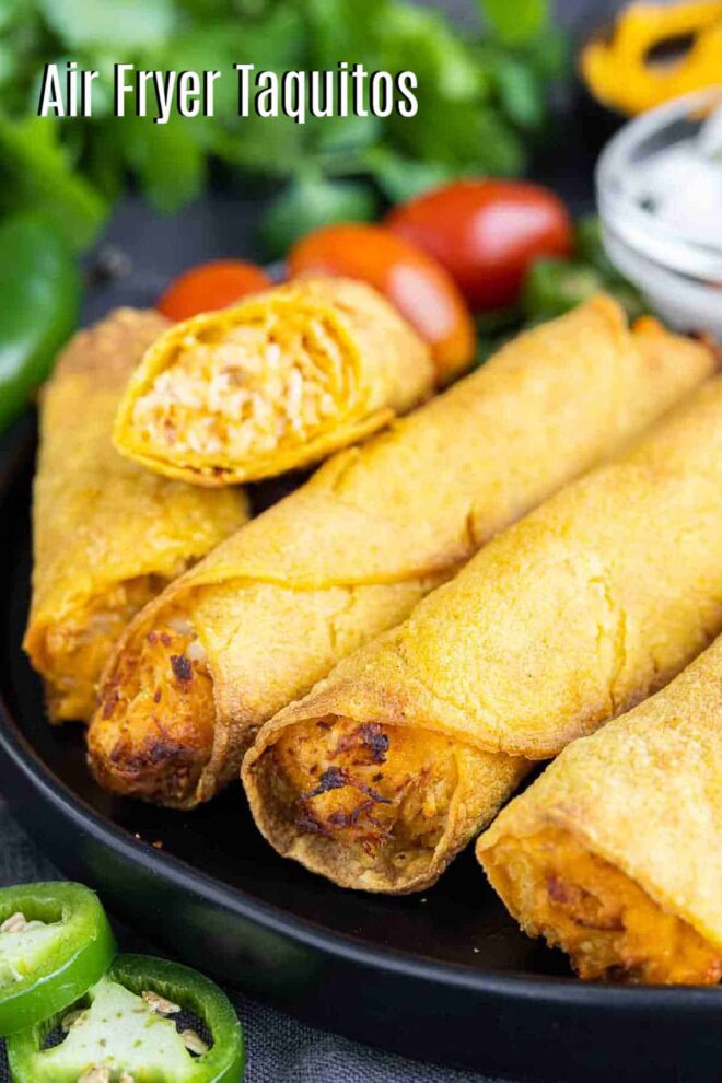pinterest image of Air Fryer Taquitos on a plate